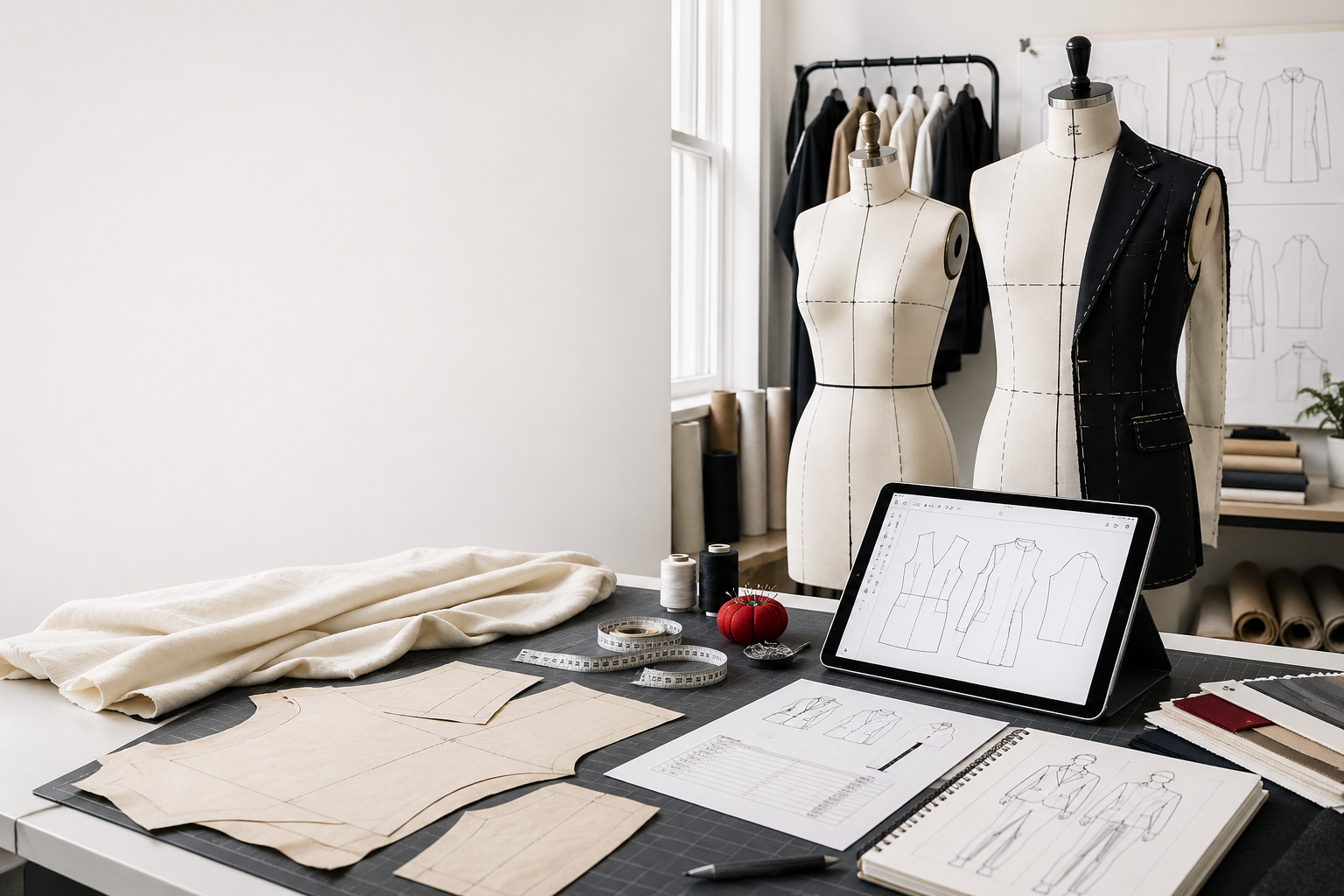 Fashion pattern maker studio in Los Angeles — mannequins, CAD pattern pieces on worktable, digital tablet, measuring tape